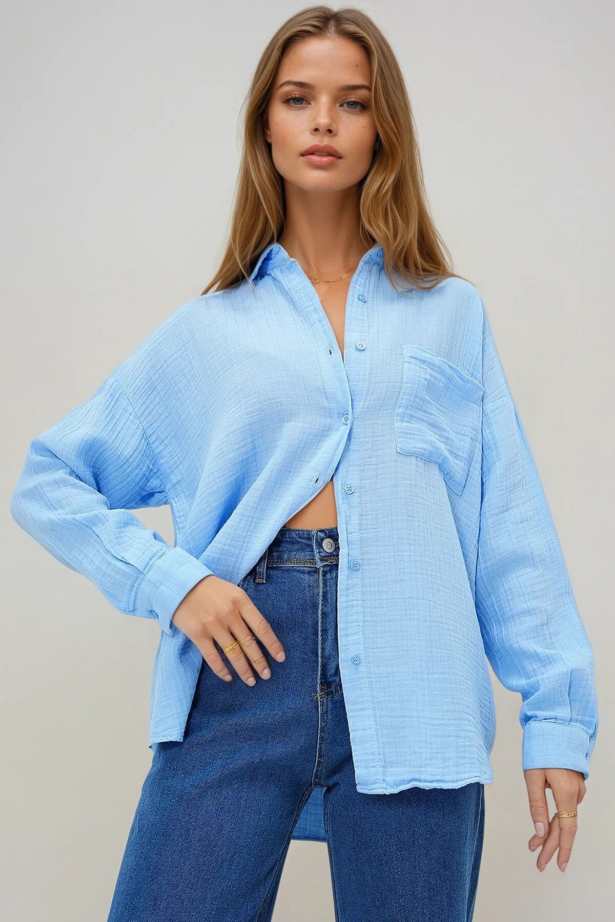 Mavi Tek Cepli Keten Görünümlü Oversize Dokuma Gömlek