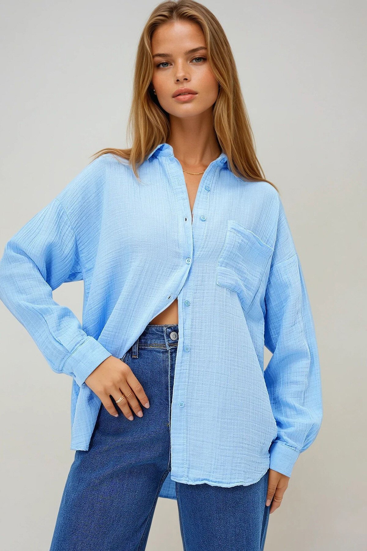 Mavi Tek Cepli Keten Görünümlü Oversize Dokuma Gömlek