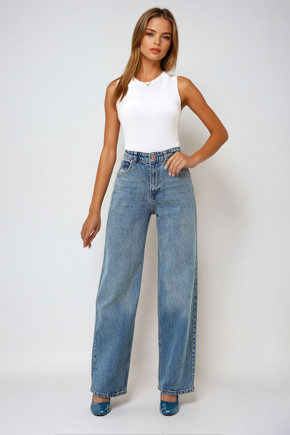 Mavi Yüksek Bel Palazzo Kesim Jean Pantolon