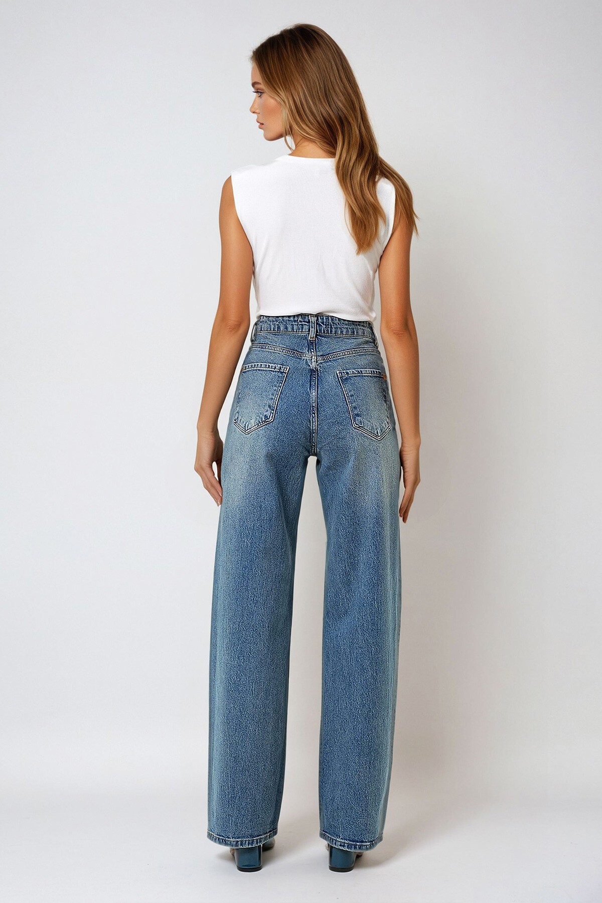 Mavi Yüksek Bel Palazzo Kesim Jean Pantolon