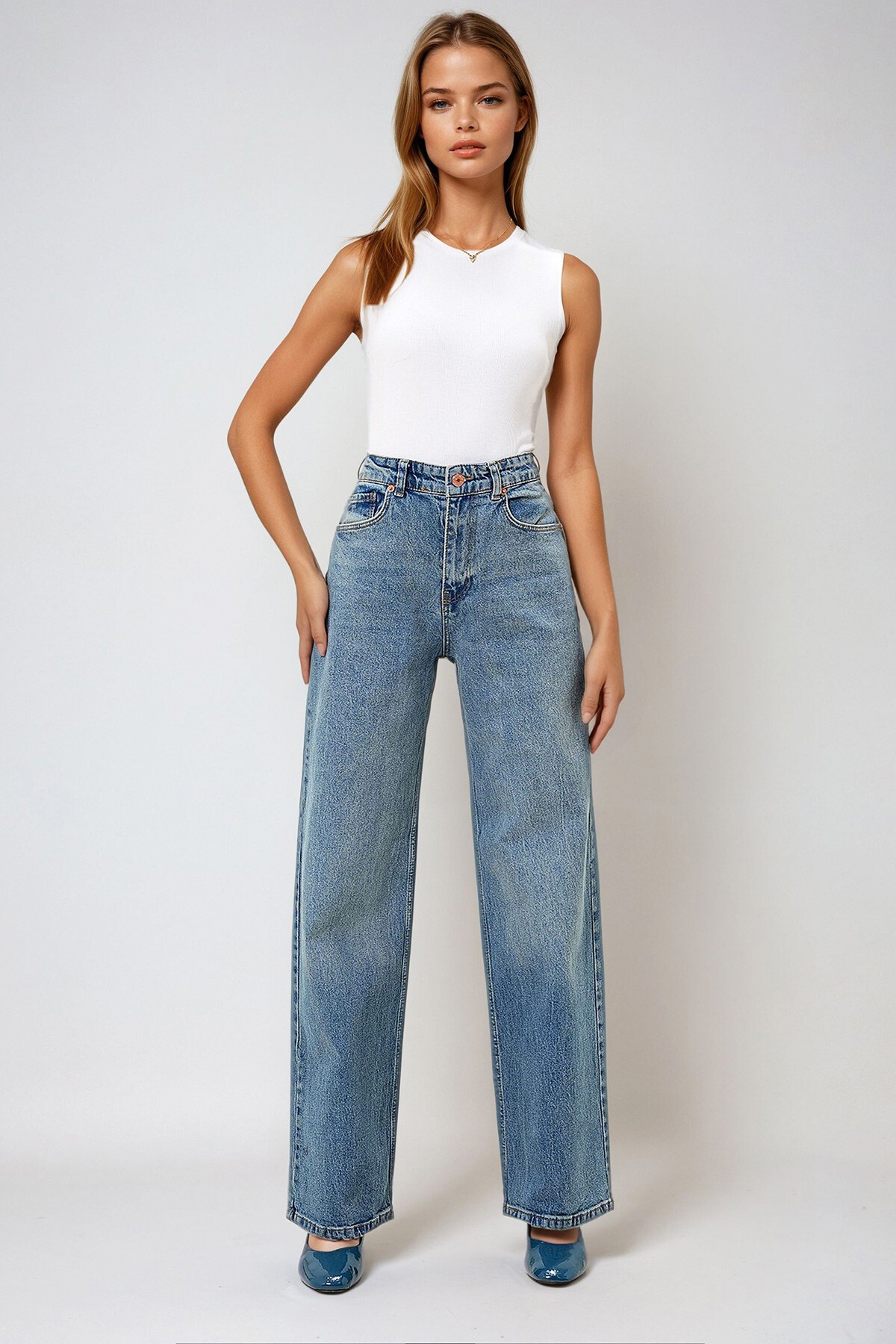 Mavi Yüksek Bel Palazzo Kesim Jean Pantolon