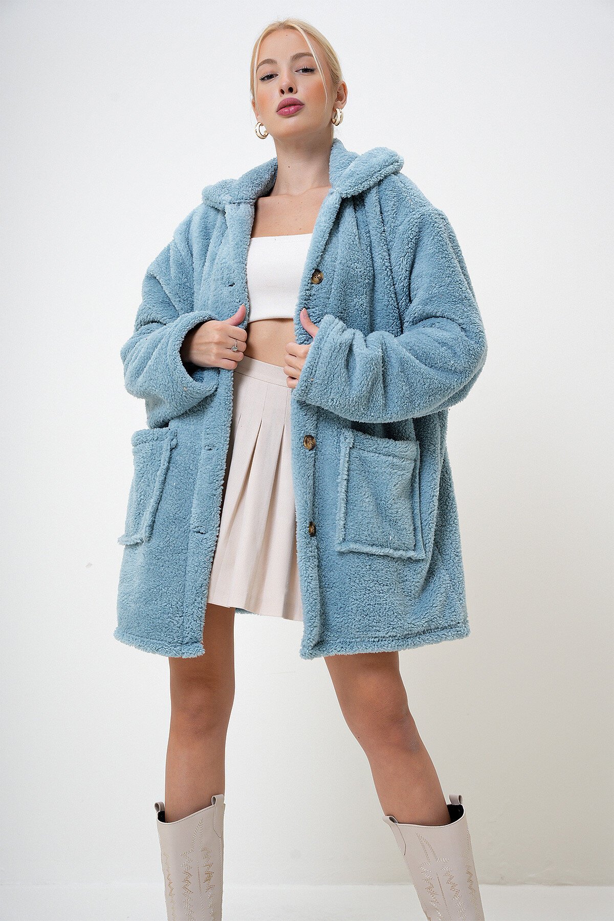 Mint Çift Cepli Önü Düğmeli Oversize Peluş Ceket