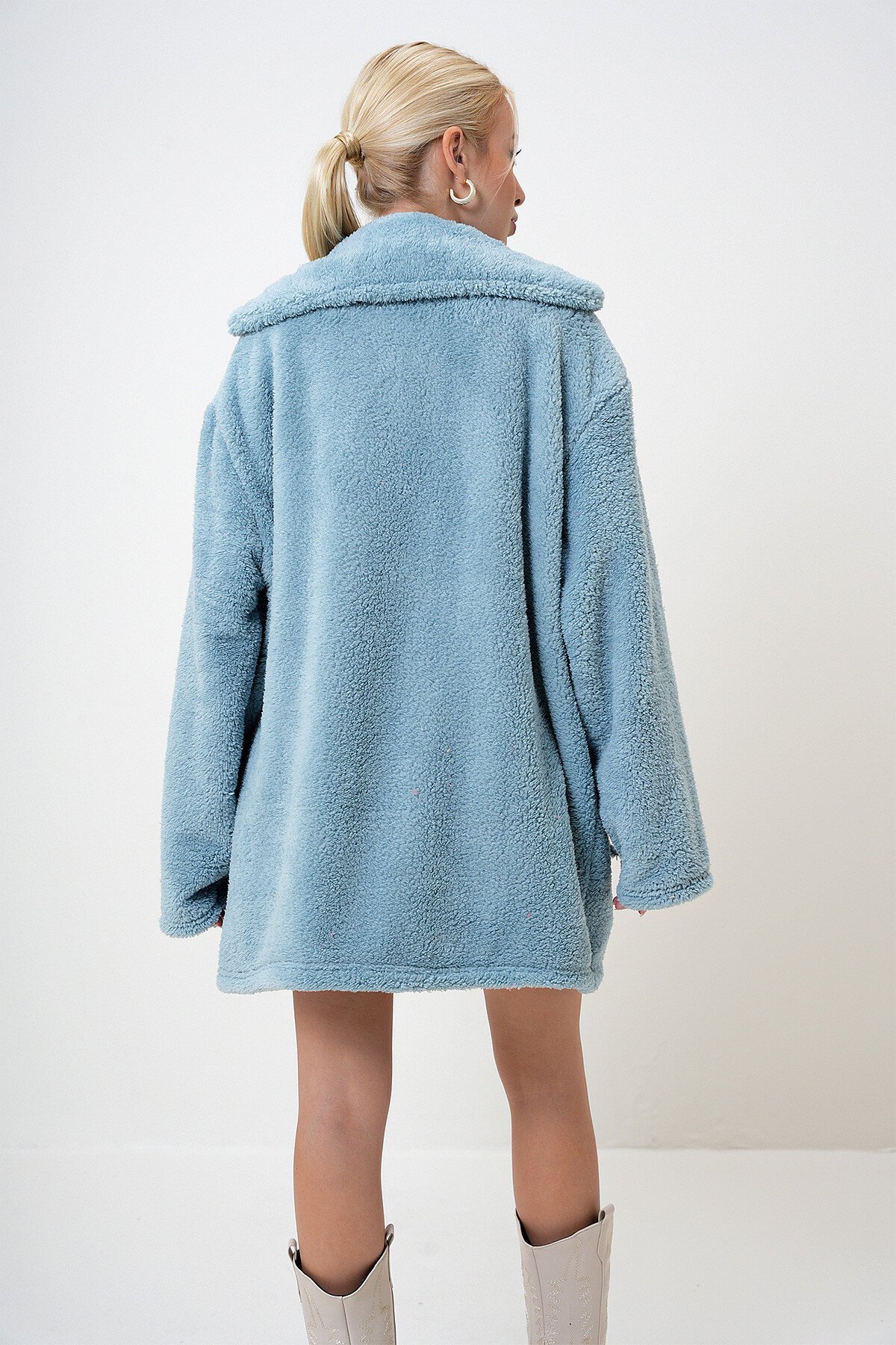 Mint Çift Cepli Önü Düğmeli Oversize Peluş Ceket