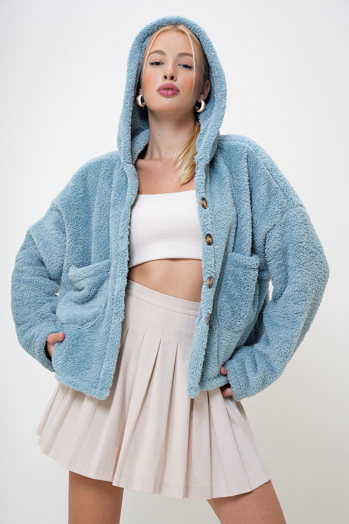 Mint Kapüşonlu Çift Cepli Peluş Mont