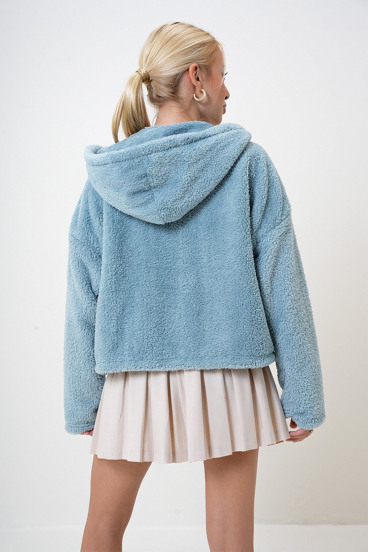 Mint Kapüşonlu Çift Cepli Peluş Mont