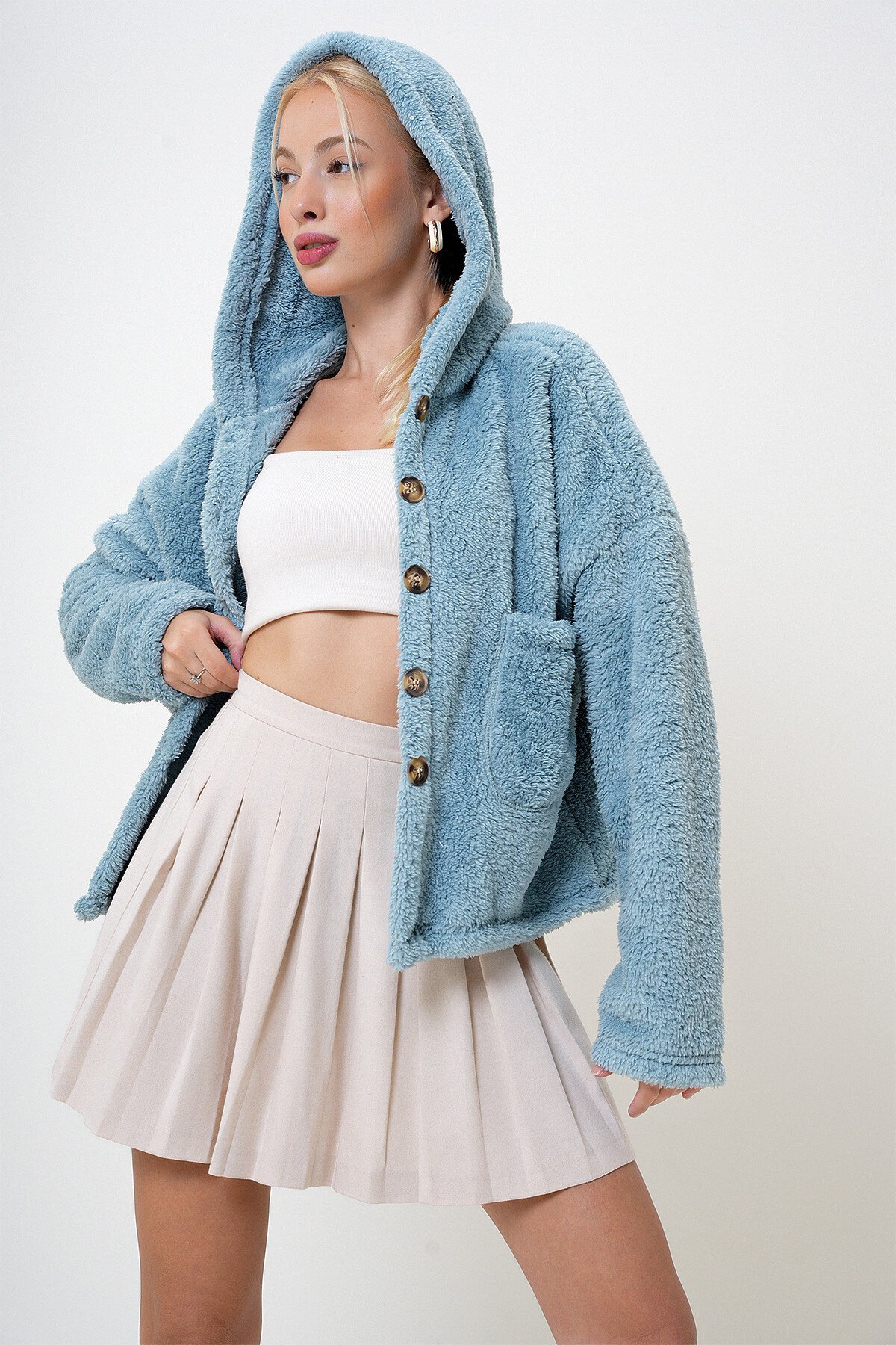 Mint Kapüşonlu Çift Cepli Peluş Mont