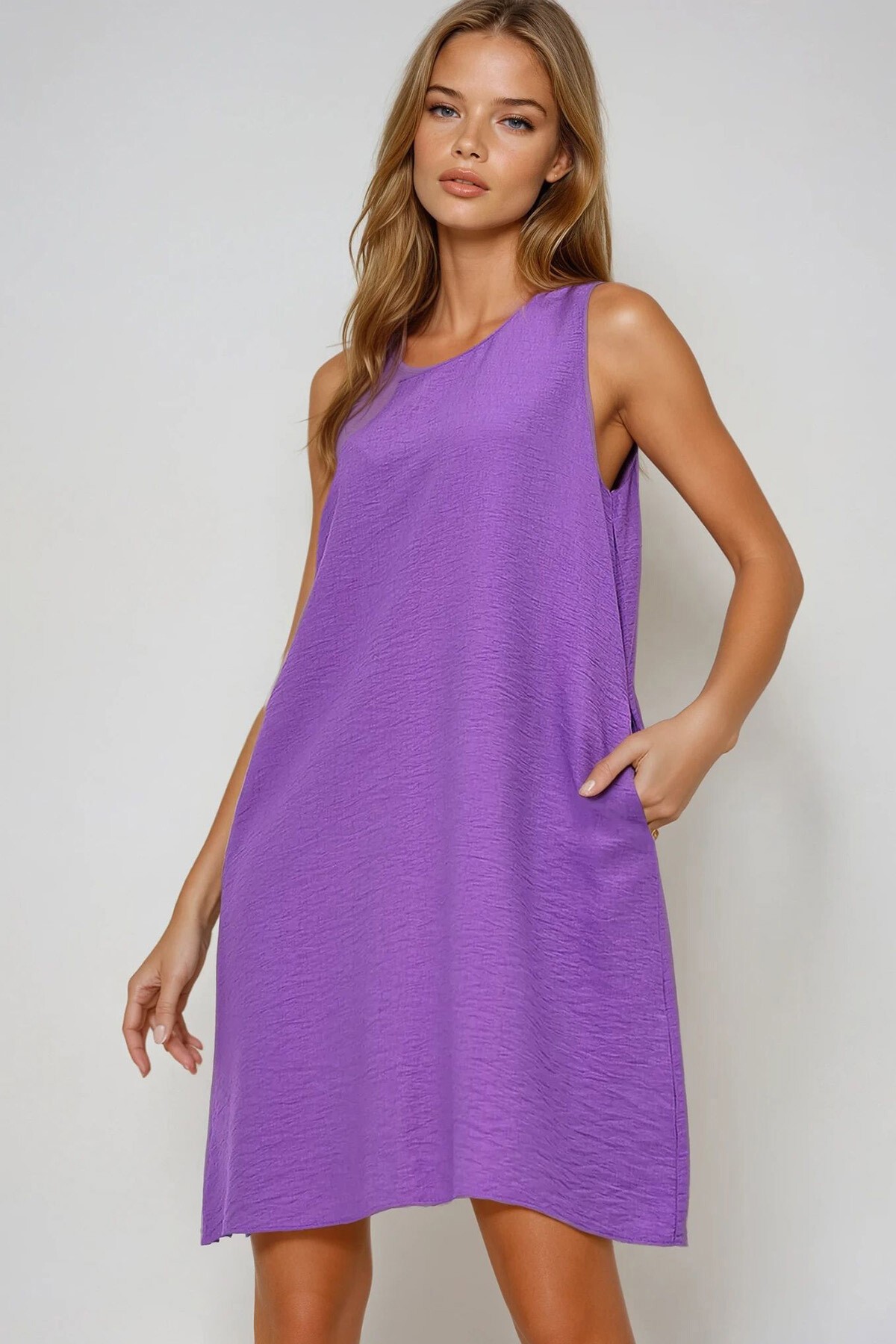 Mor U Yaka Sıfır Kol Çift Cepli Aerobin Yazlık Elbise
