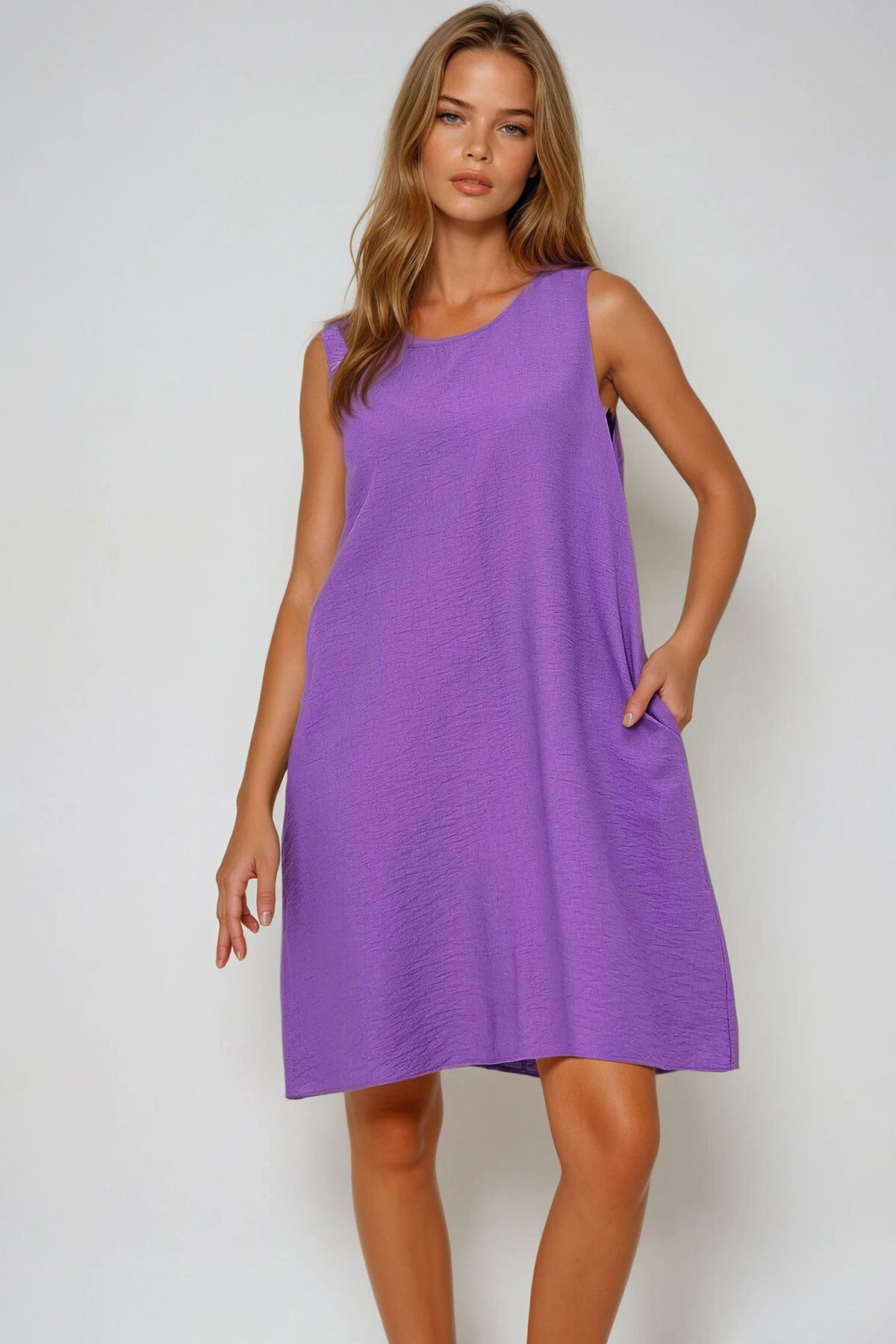 Mor U Yaka Sıfır Kol Çift Cepli Aerobin Yazlık Elbise
