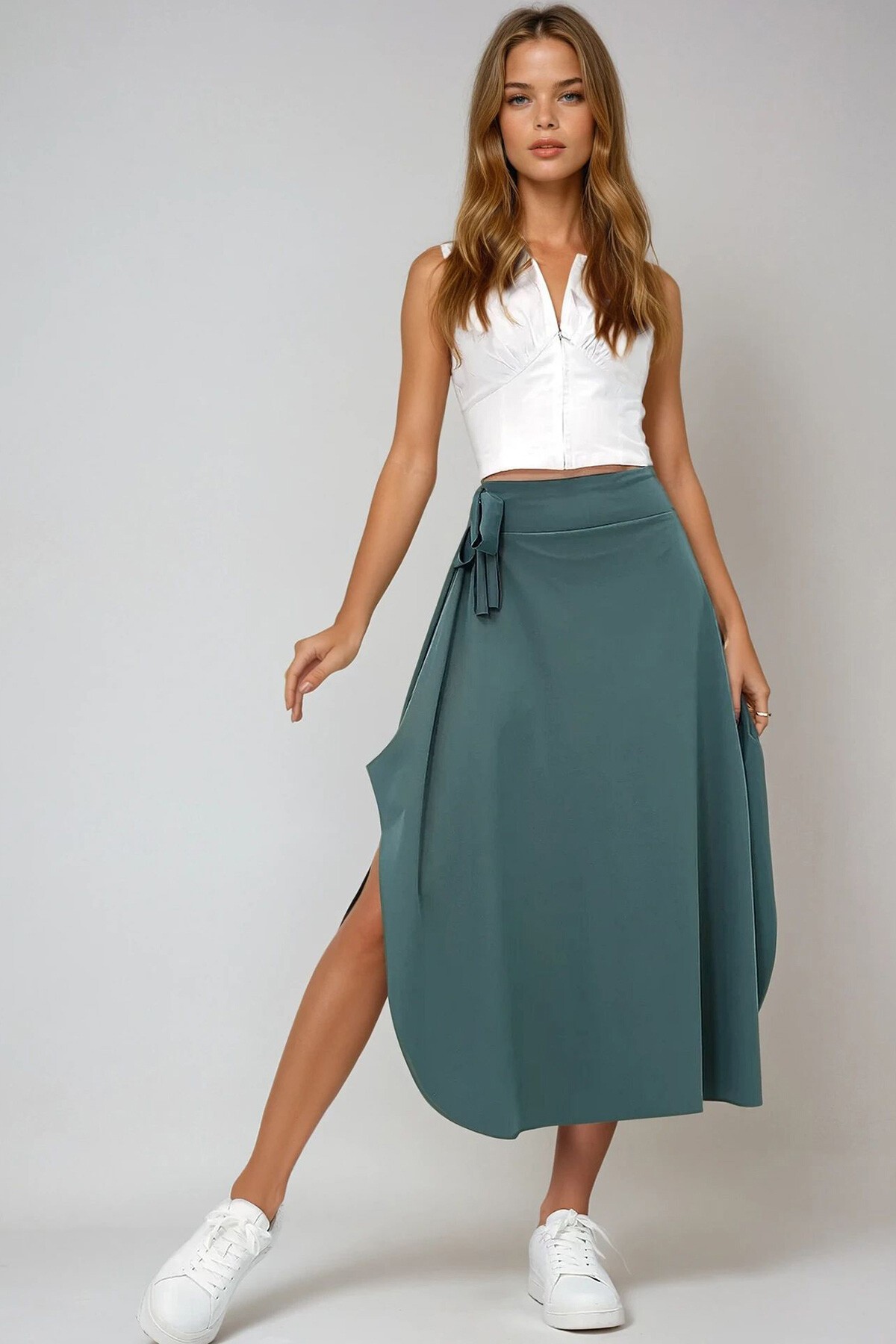 Nefti Yeşili Asimetrik Kesim Beli Bağlamalı Etek