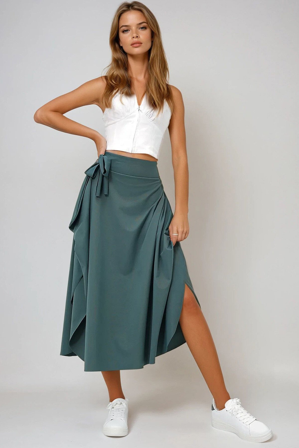 Nefti Yeşili Asimetrik Kesim Beli Bağlamalı Etek