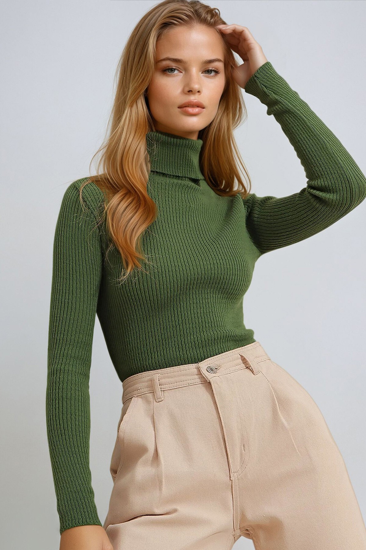 Nefti Yeşili Balıkçı Yaka Fitilli Triko Kazak