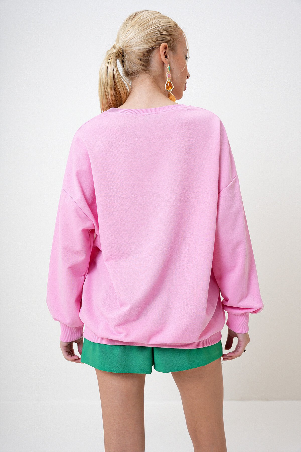 Pembe Bisiklet Yaka Oversize Basic Sweatshit