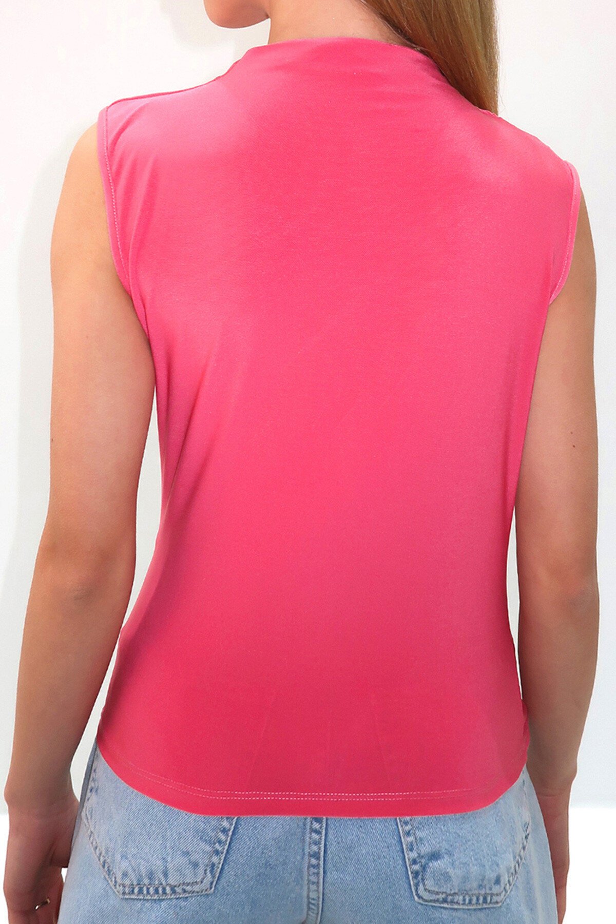 Pembe Dik Yaka Omuz Drapeli Kolsuz Sandy Bluz