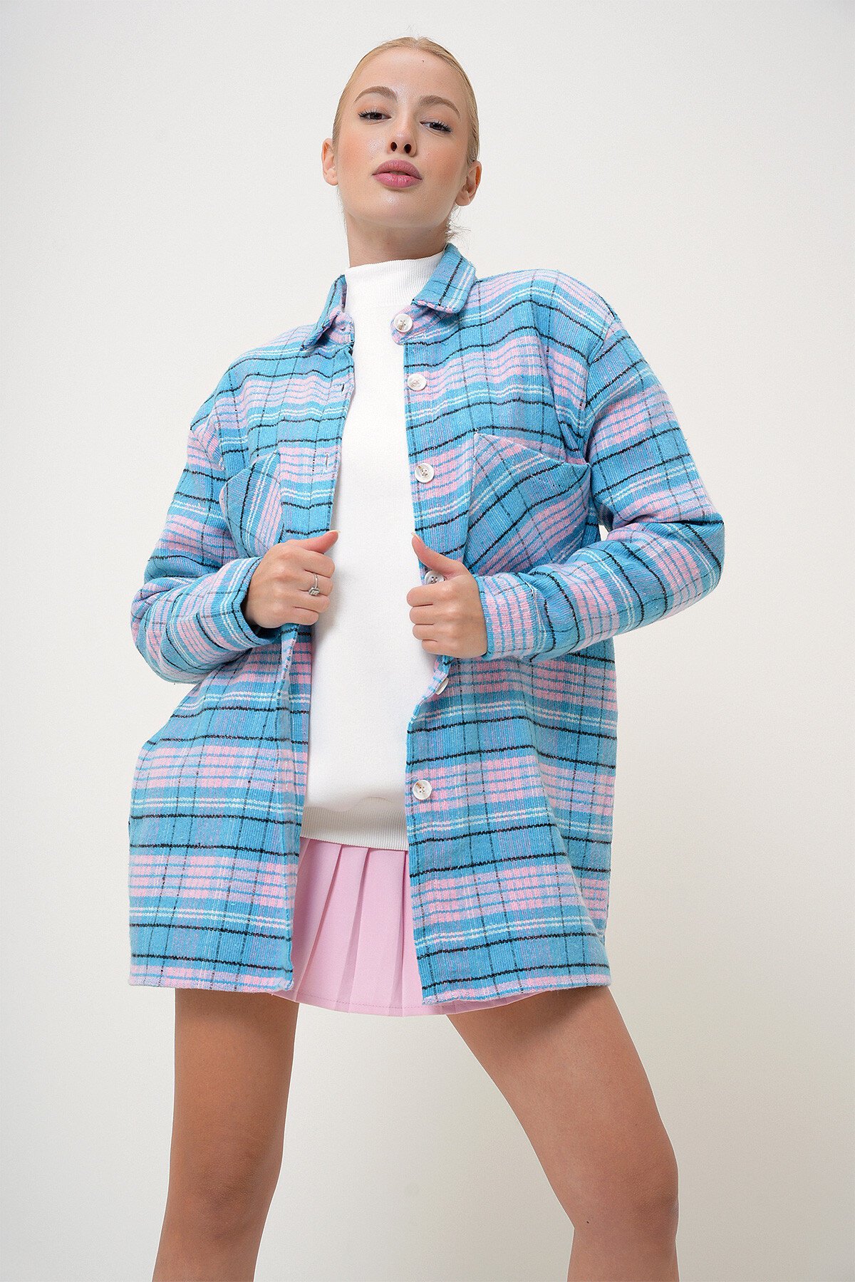 Pembe Mavi Ekoseli Çift Cepli Oversize Kaşe Gömlek