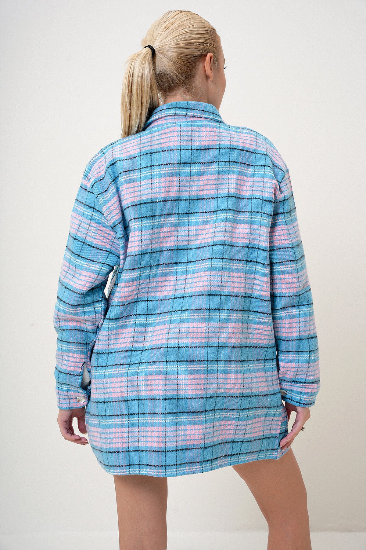 Pembe Mavi Ekoseli Çift Cepli Oversize Kaşe Gömlek