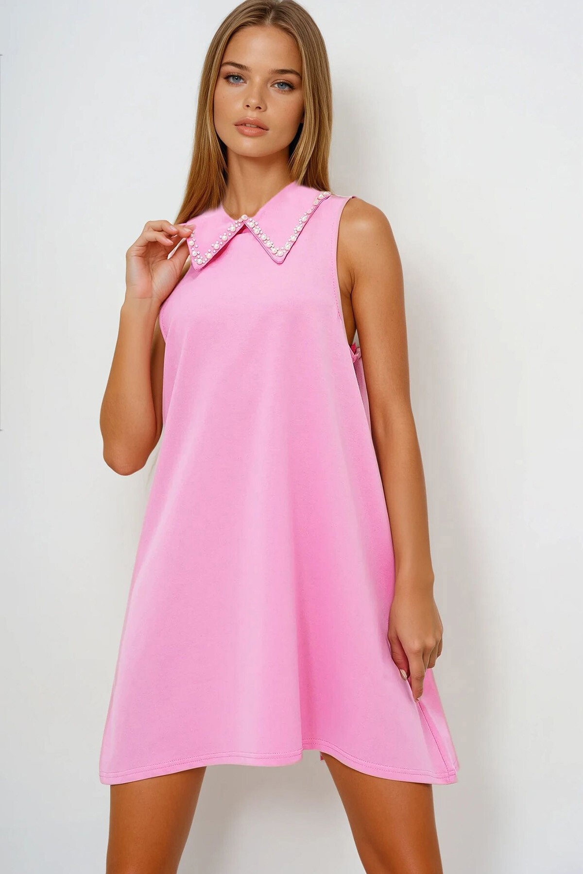 Pembe Suni İnci Yakalı Kolsuz Basic Elbise