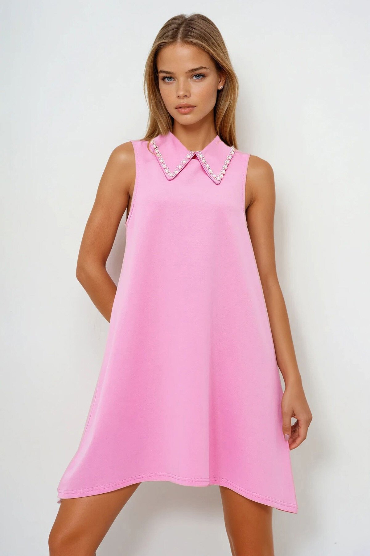 Pembe Suni İnci Yakalı Kolsuz Basic Elbise