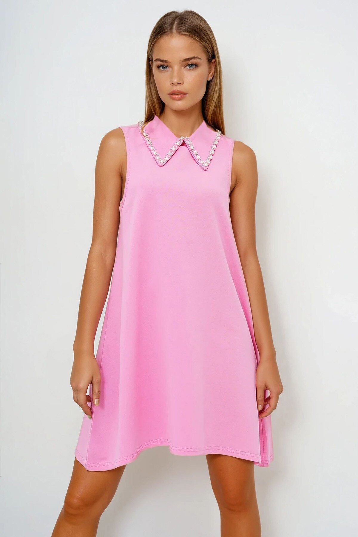 Pembe Suni İnci Yakalı Kolsuz Basic Elbise