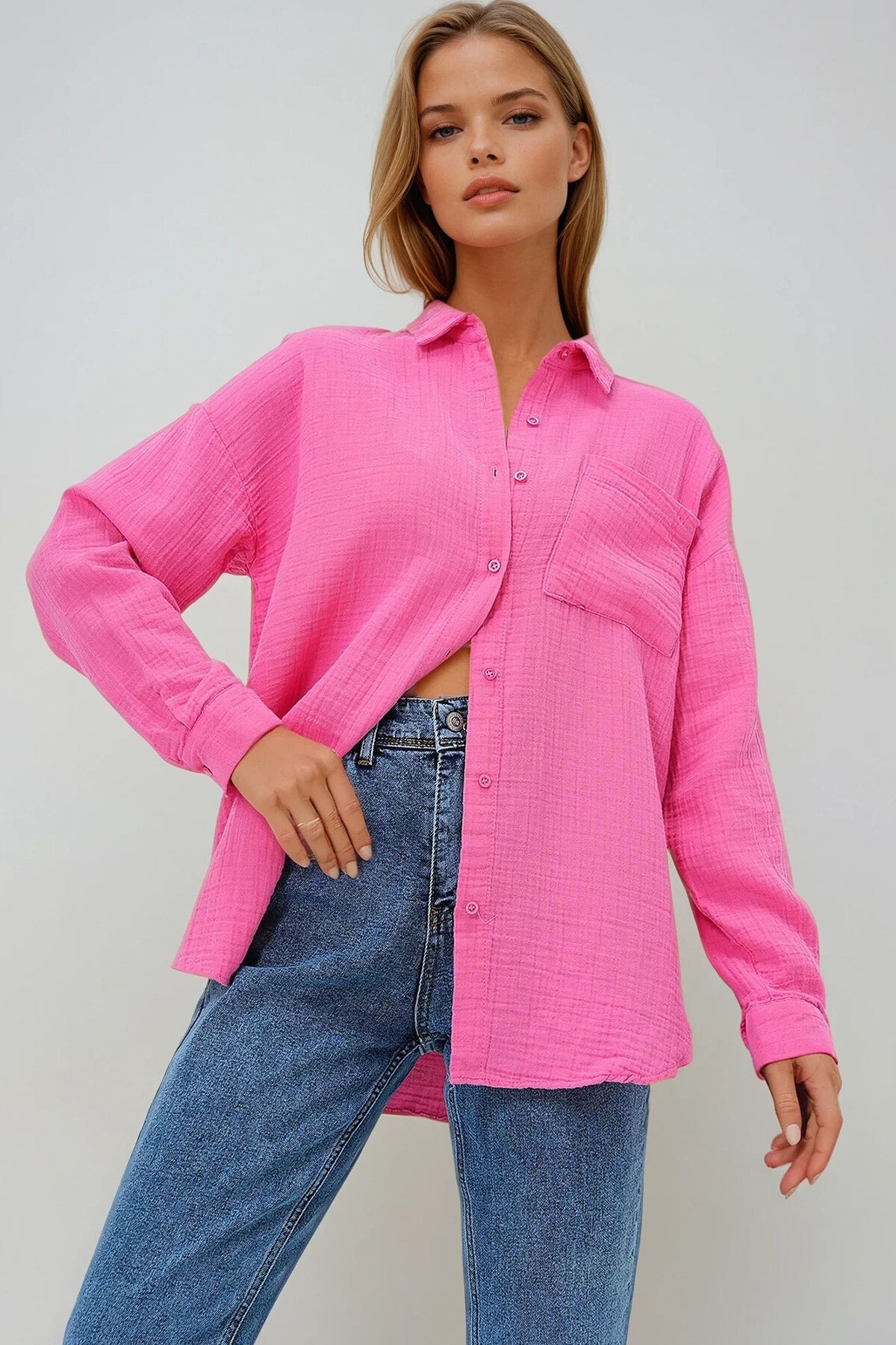 Pembe Tek Cepli Keten Görünümlü Oversize Dokuma Gömlek