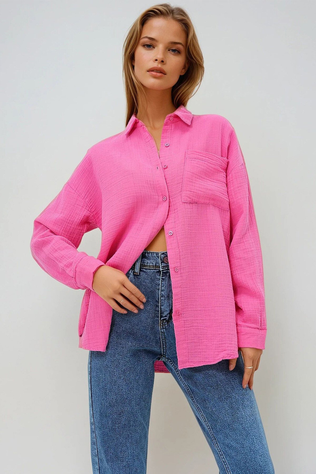 Pembe Tek Cepli Keten Görünümlü Oversize Dokuma Gömlek