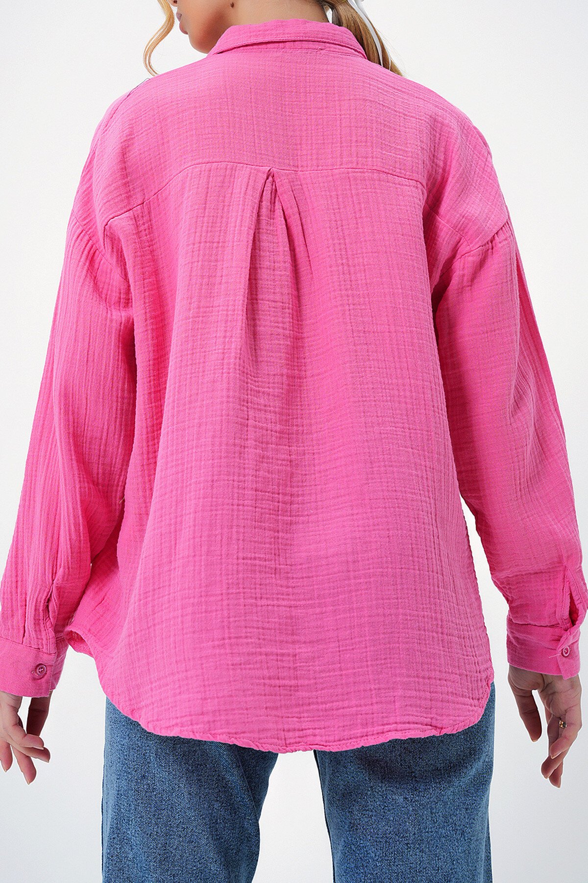 Pembe Tek Cepli Keten Görünümlü Oversize Dokuma Gömlek