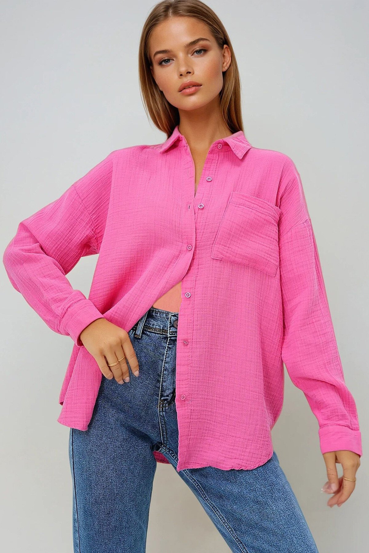 Pembe Tek Cepli Keten Görünümlü Oversize Dokuma Gömlek