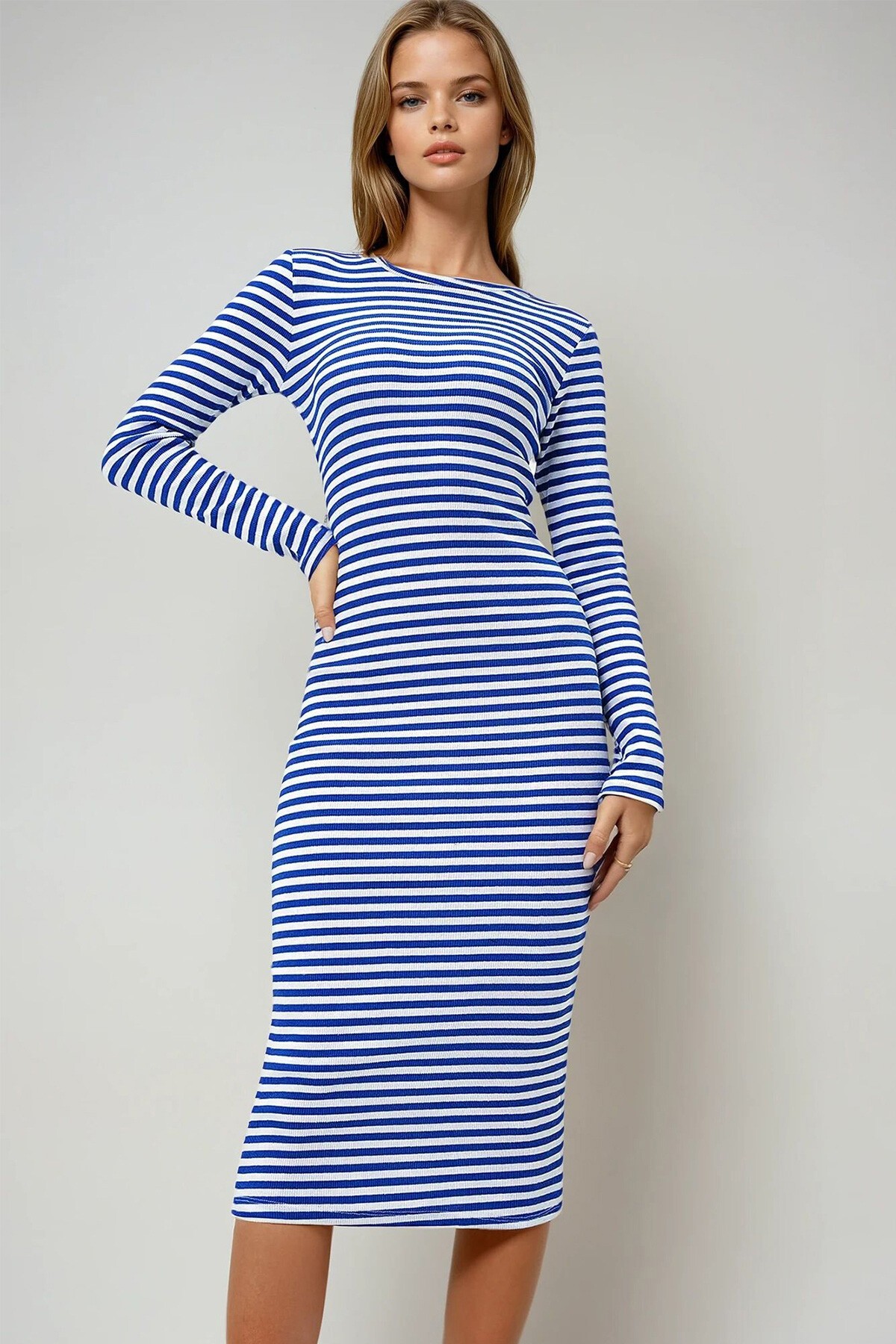 Saks Mavi Bisiklet Yaka Çizgili Midi Boy Basic Elbise