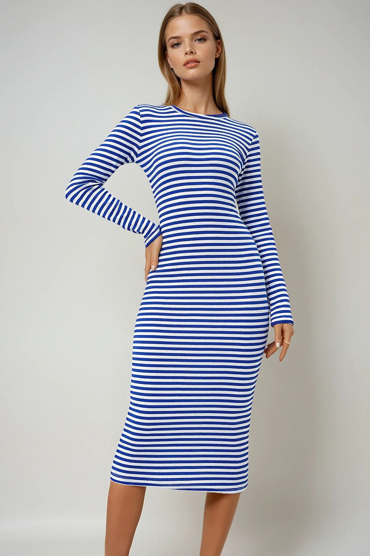 Saks Mavi Bisiklet Yaka Çizgili Midi Boy Basic Elbise
