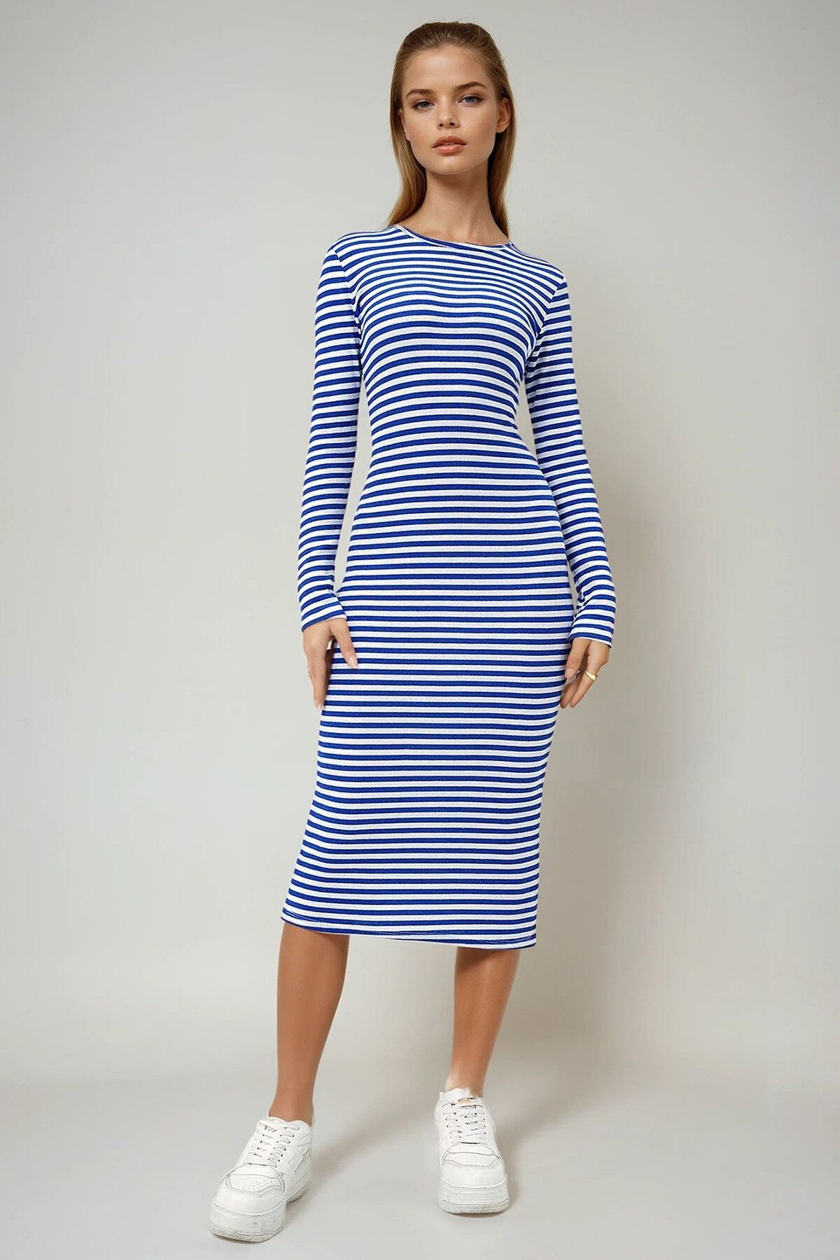 Saks Mavi Bisiklet Yaka Çizgili Midi Boy Basic Elbise