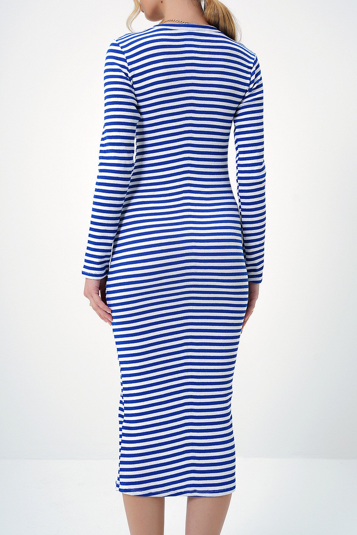 Saks Mavi Bisiklet Yaka Çizgili Midi Boy Basic Elbise