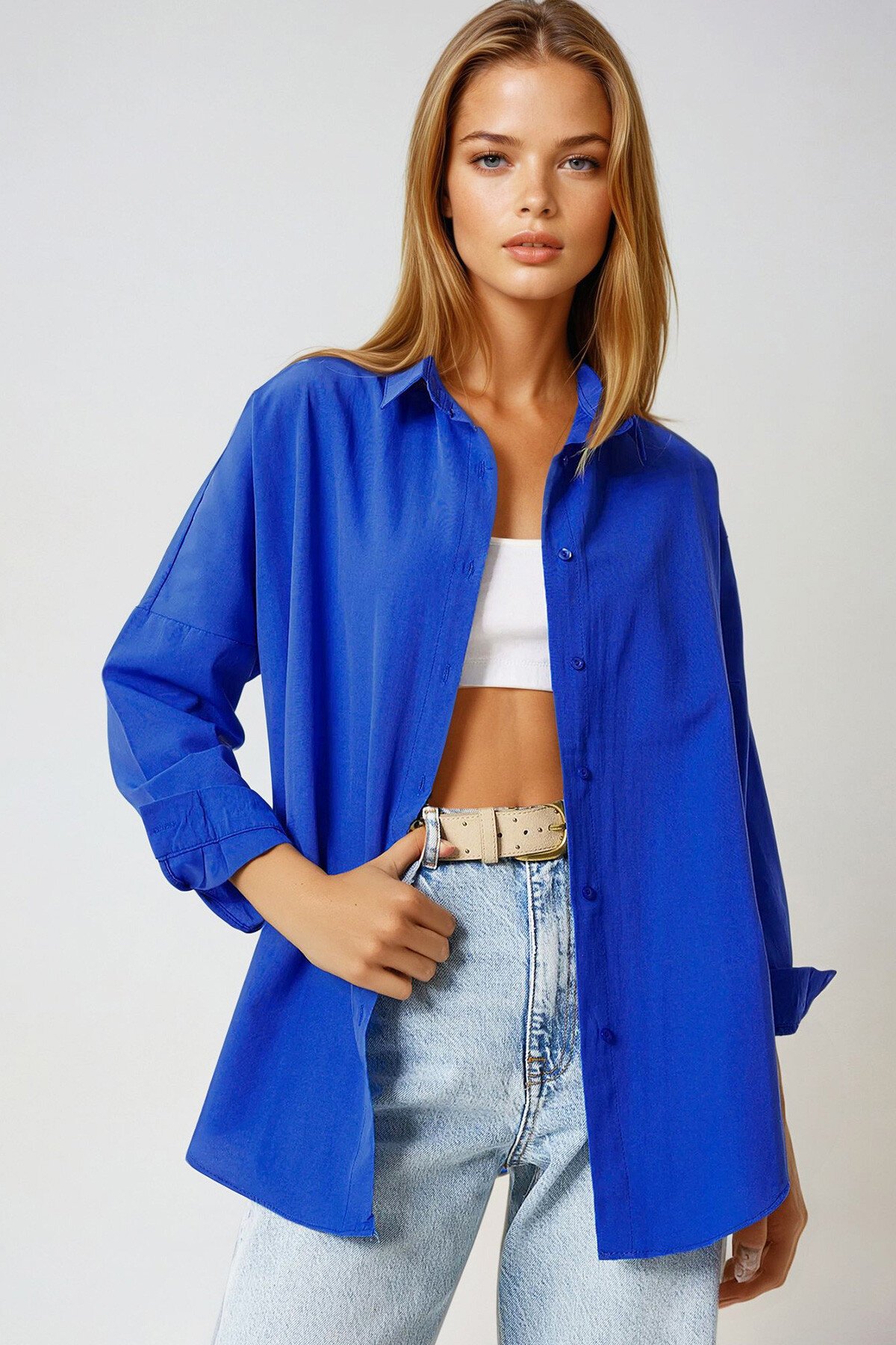 Saks Oversize Uzun Dokuma Gömlek