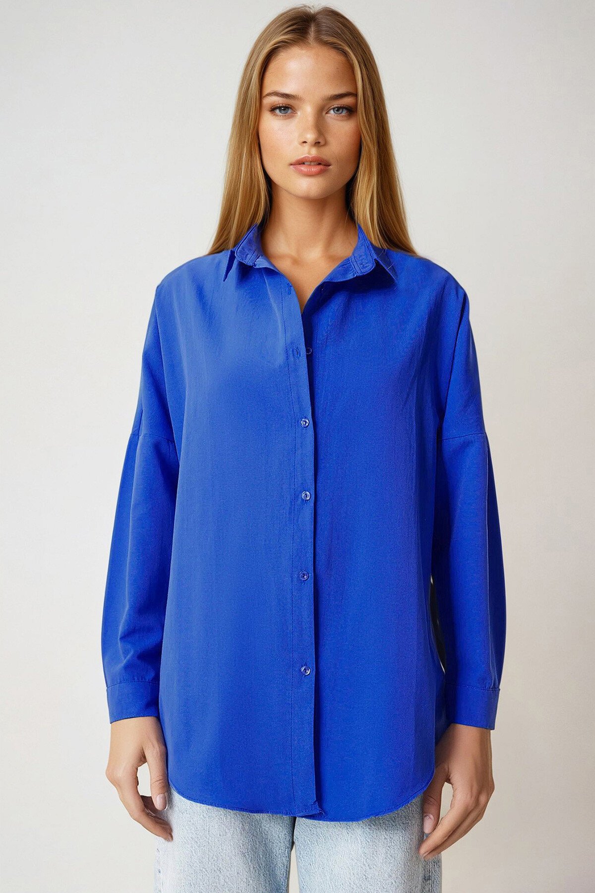 Saks Oversize Uzun Dokuma Gömlek