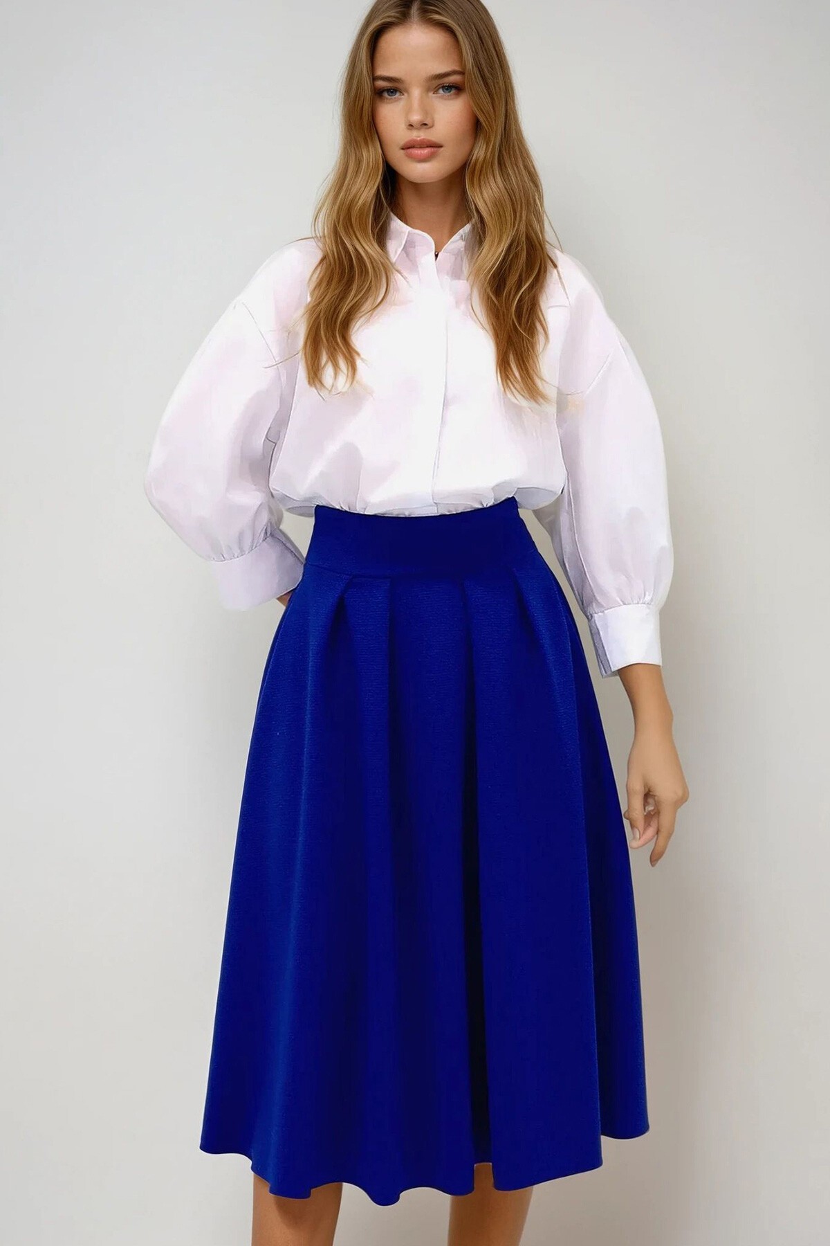 Saks Yüksek Bel Geniş Kemerli Gizli Fermuarlı Midi Boy Dokulu Etek