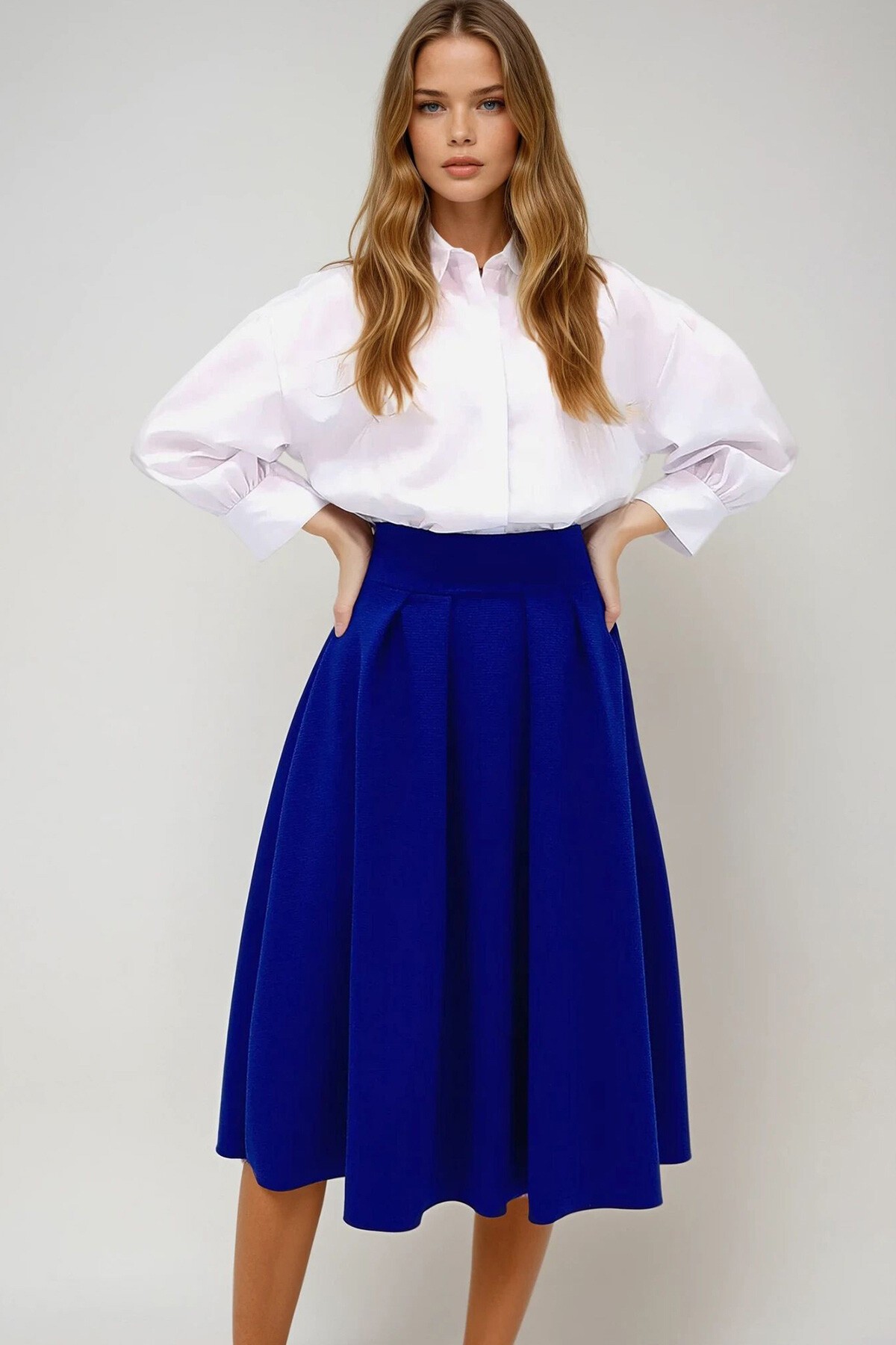 Saks Yüksek Bel Geniş Kemerli Gizli Fermuarlı Midi Boy Dokulu Etek