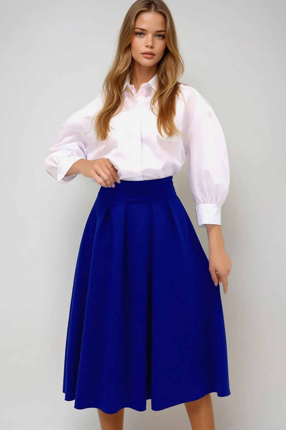 Saks Yüksek Bel Geniş Kemerli Gizli Fermuarlı Midi Boy Dokulu Etek