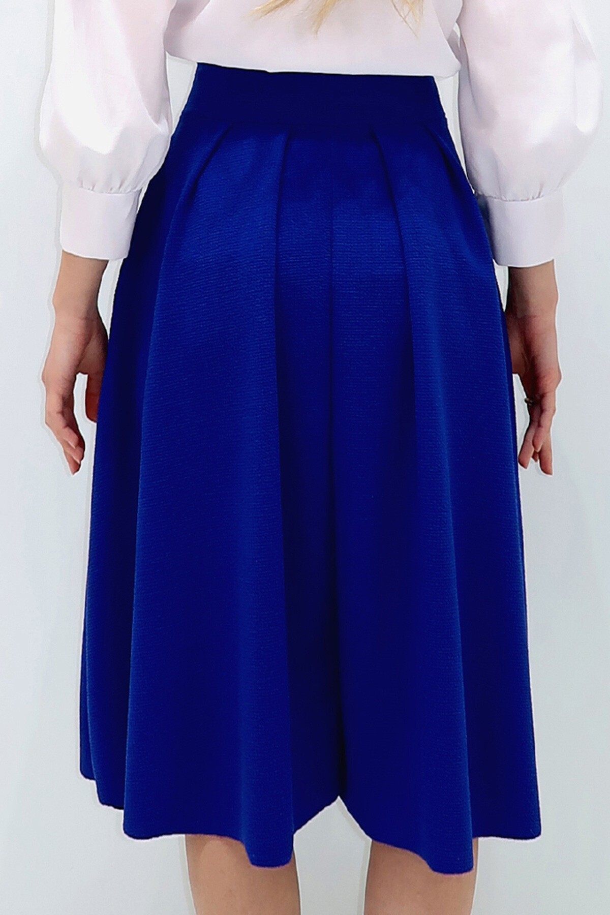 Saks Yüksek Bel Geniş Kemerli Gizli Fermuarlı Midi Boy Dokulu Etek