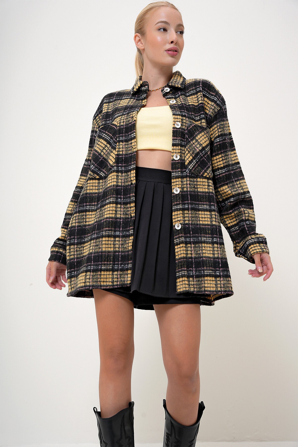 Sarı Siyah Ekoseli Çift Cepli Oversize Kaşe Gömlek