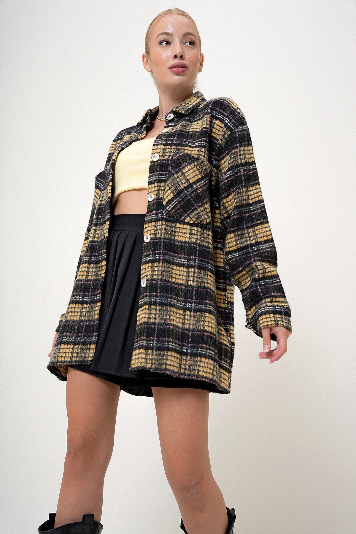 Sarı Siyah Ekoseli Çift Cepli Oversize Kaşe Gömlek