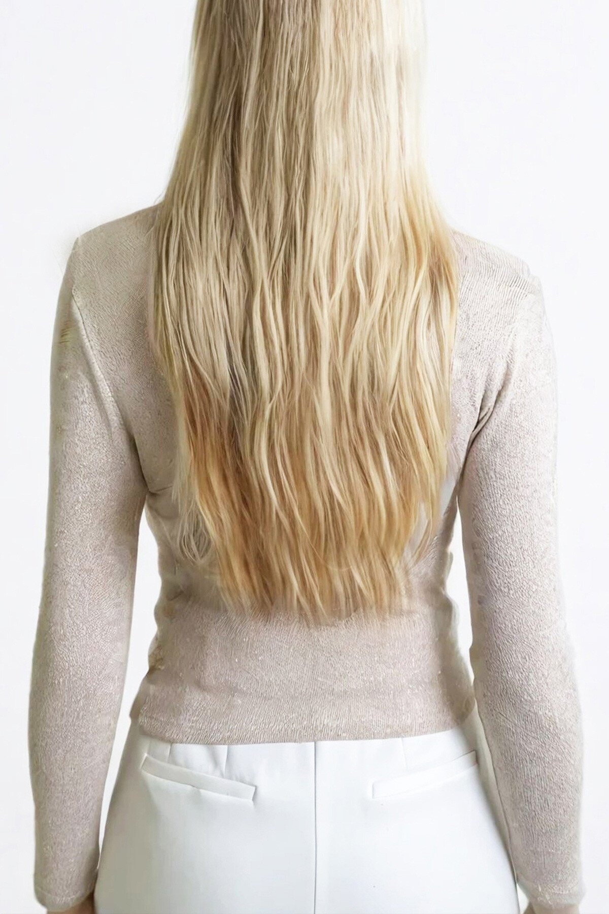 Simli Bej Dik Yaka Omzu Drapeli Gümüş Simli Bluz