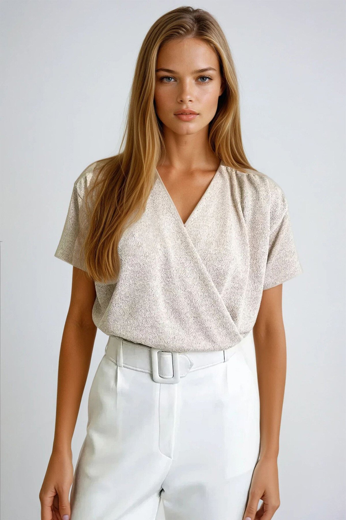 Simli Bej Kruvaze Yaka Kısa Kol Simli Örme Crop Bluz