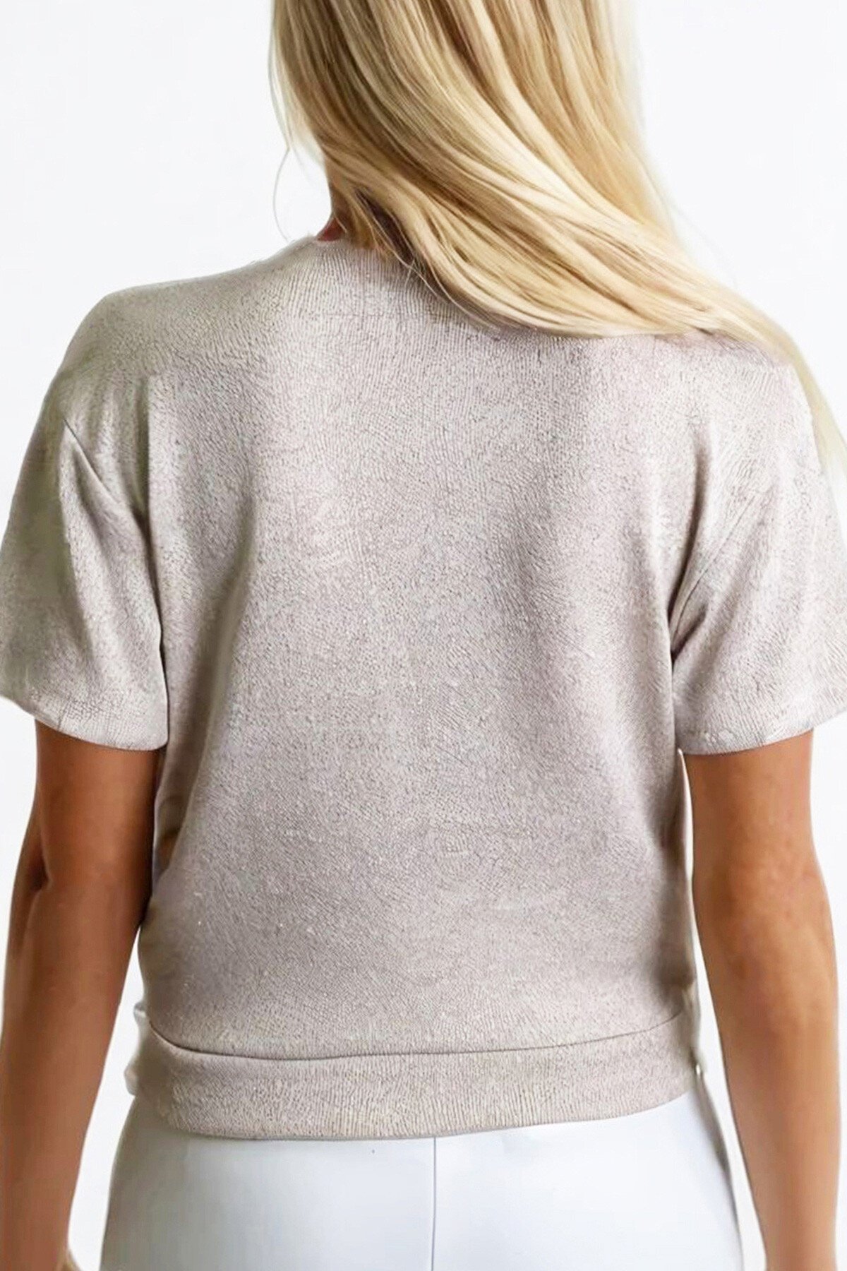 Simli Bej Kruvaze Yaka Kısa Kol Simli Örme Crop Bluz