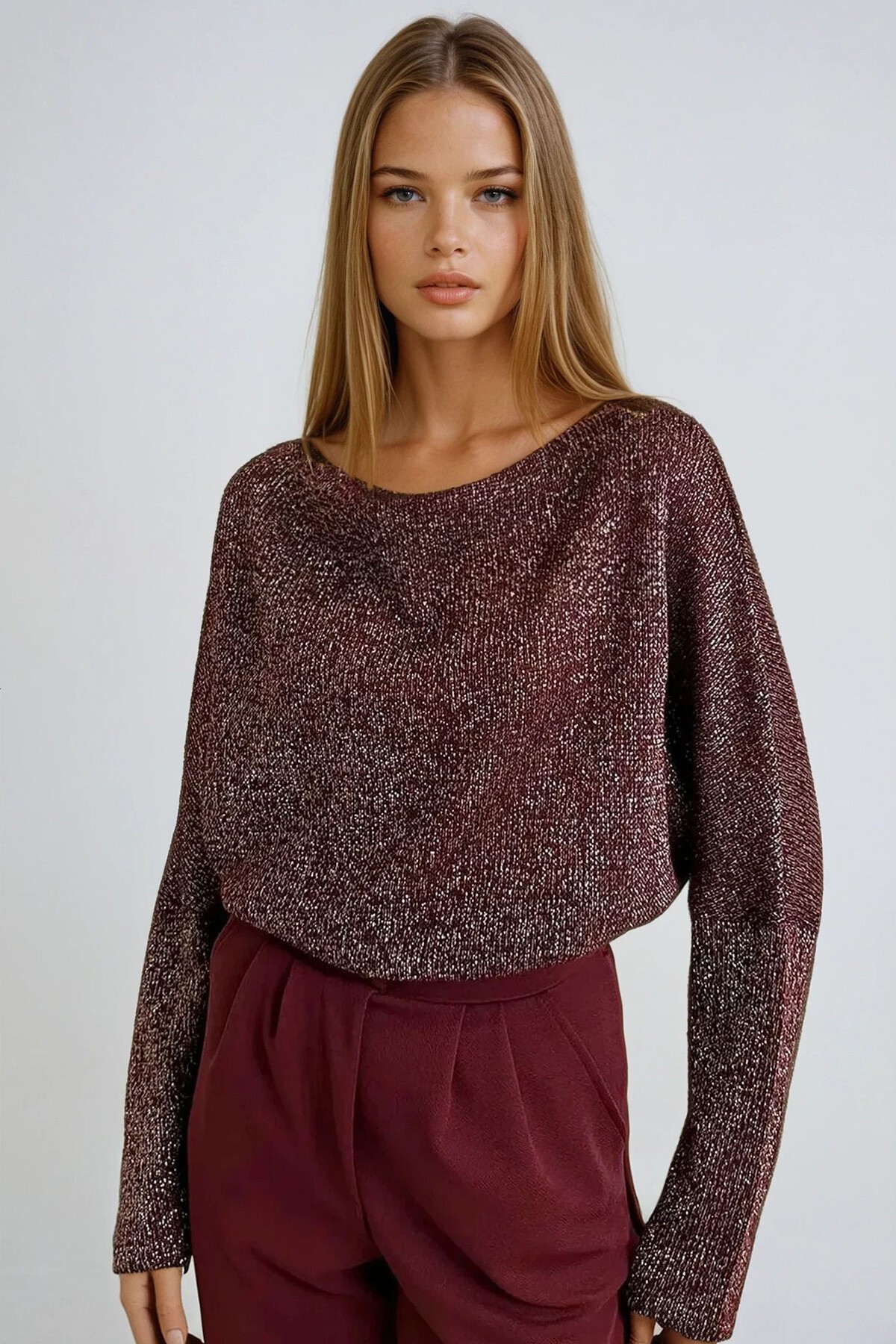 Simli Bordo Degaje Yaka Geniş Kesim Örme Bluz