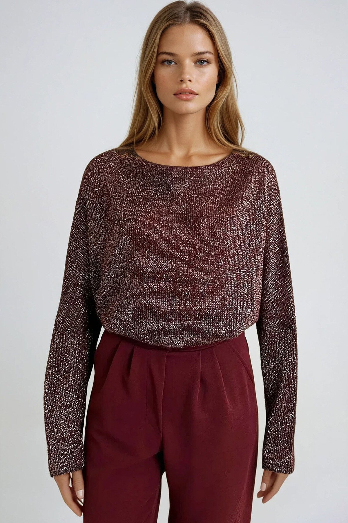 Simli Bordo Degaje Yaka Geniş Kesim Örme Bluz