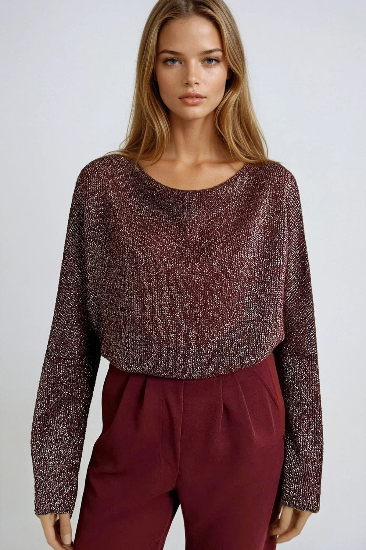 Simli Bordo Degaje Yaka Geniş Kesim Örme Bluz