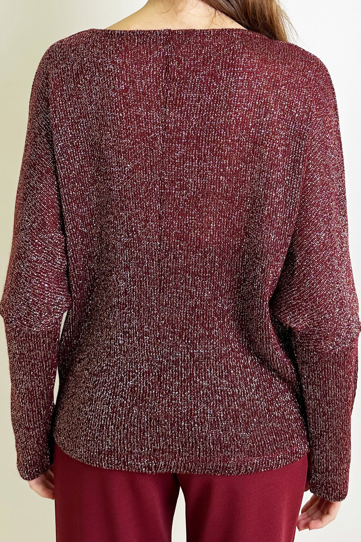 Simli Bordo Degaje Yaka Geniş Kesim Örme Bluz