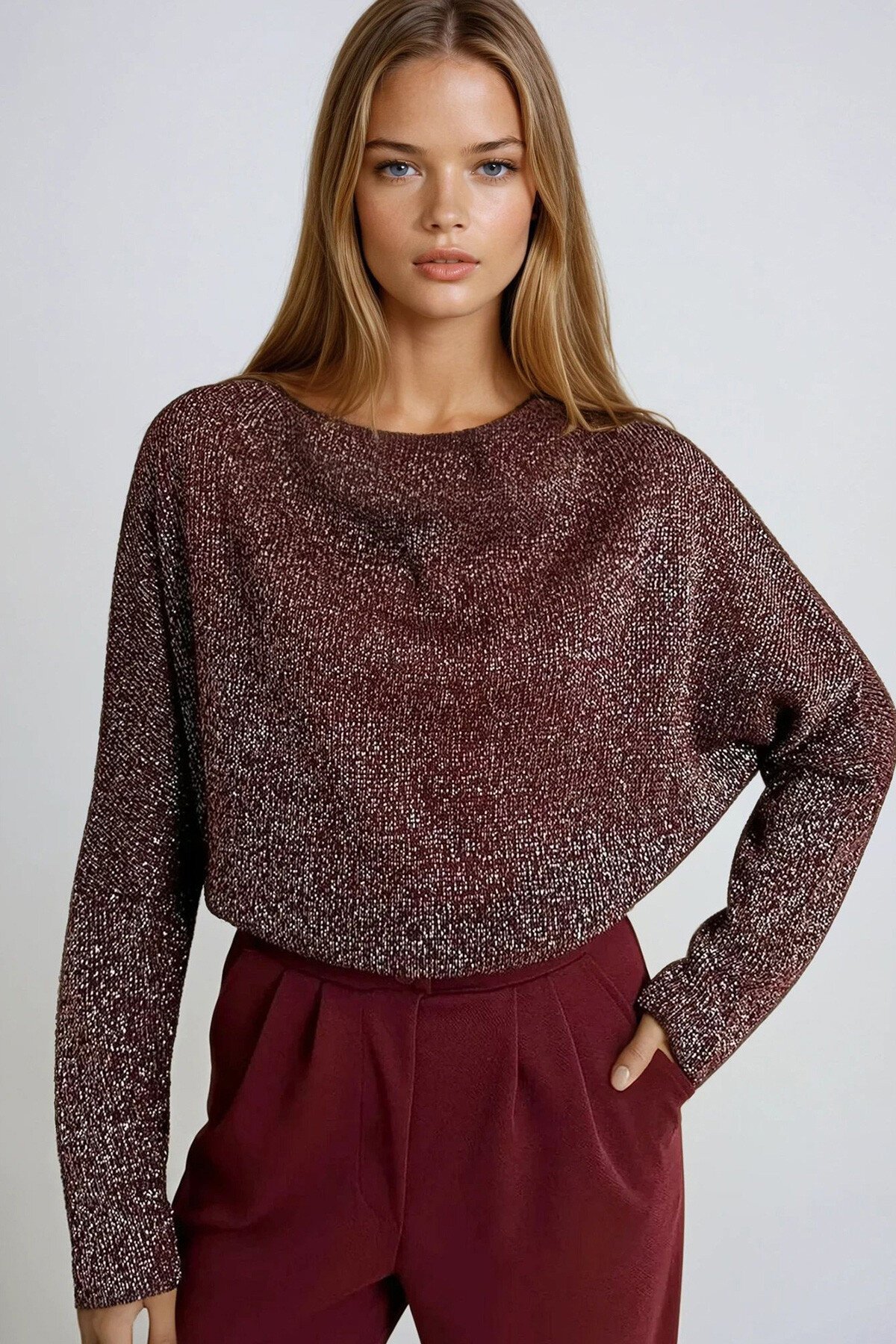 Simli Bordo Degaje Yaka Geniş Kesim Örme Bluz
