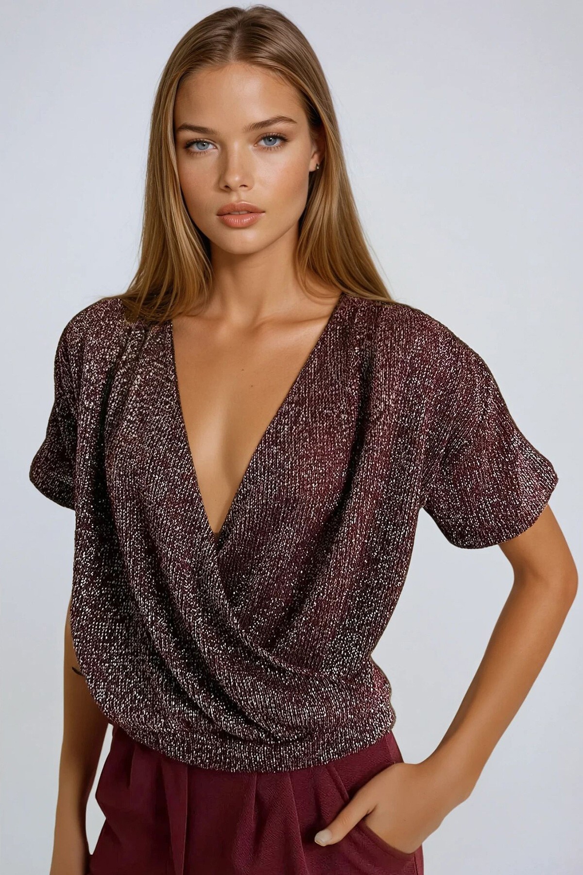 Simli Bordo Kruvaze Yaka Kısa Kol Simli Örme Crop Bluz