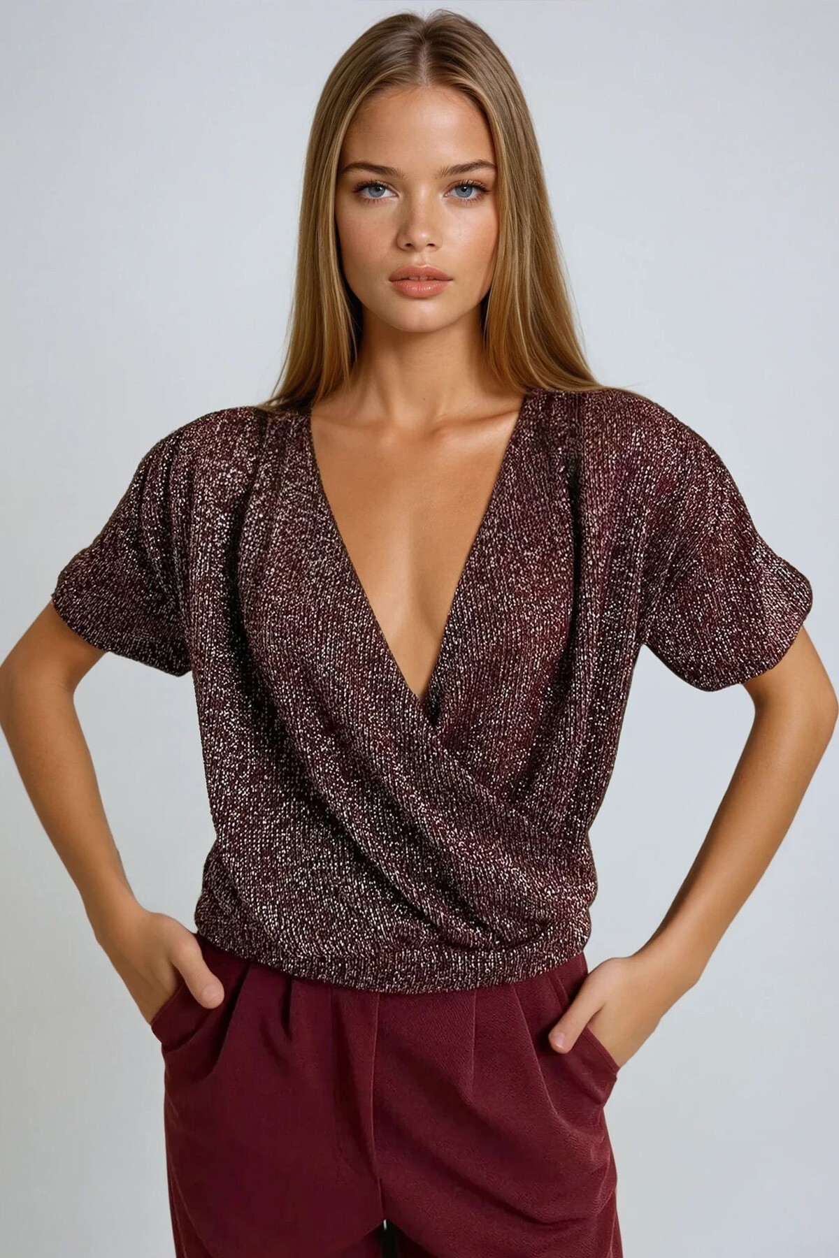 Simli Bordo Kruvaze Yaka Kısa Kol Simli Örme Crop Bluz