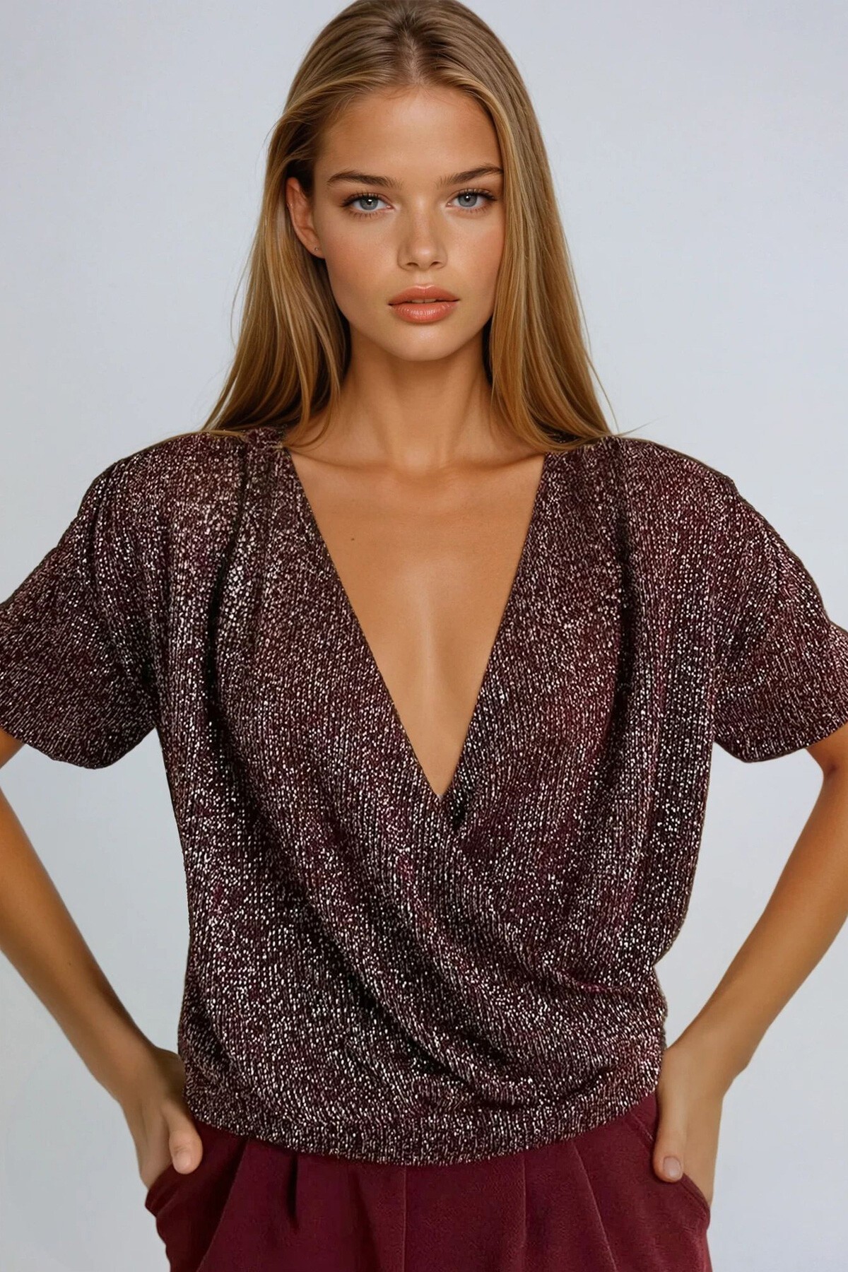 Simli Bordo Kruvaze Yaka Kısa Kol Simli Örme Crop Bluz