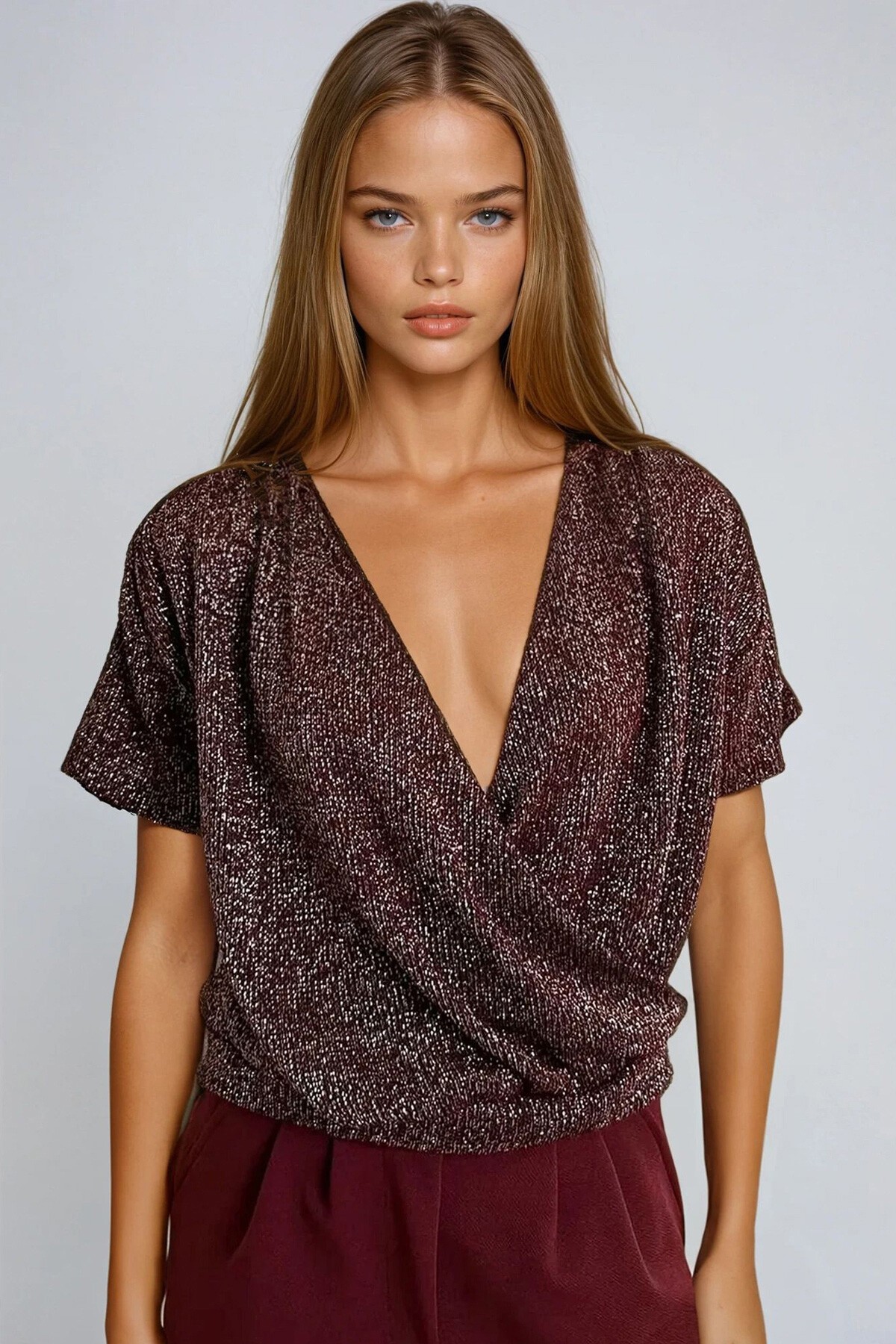 Simli Bordo Kruvaze Yaka Kısa Kol Simli Örme Crop Bluz